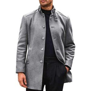 Men's Trench Coat Stand Collar Casual Slim Fit Single Breasted Pea Coat Overcoat